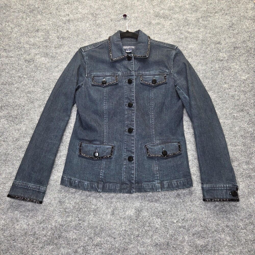 Jones New York Jacket Womens Small Blue Denim Beaded Button Up Pockets Signature
